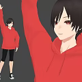 Game and Movie Character with Short Black Hair Red Eyes Raising Hand in Red Hoodie